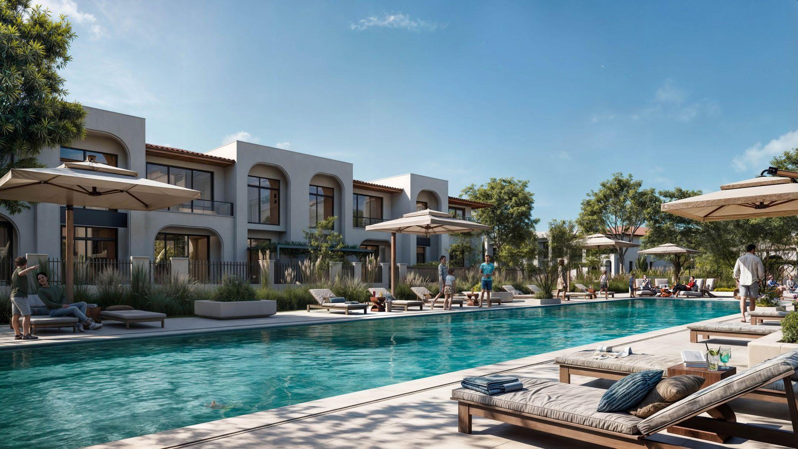 Aerial masterplan view of Nawayef Village Hudayriyat Island featuring modern townhouses, green landscapes, and premium island living