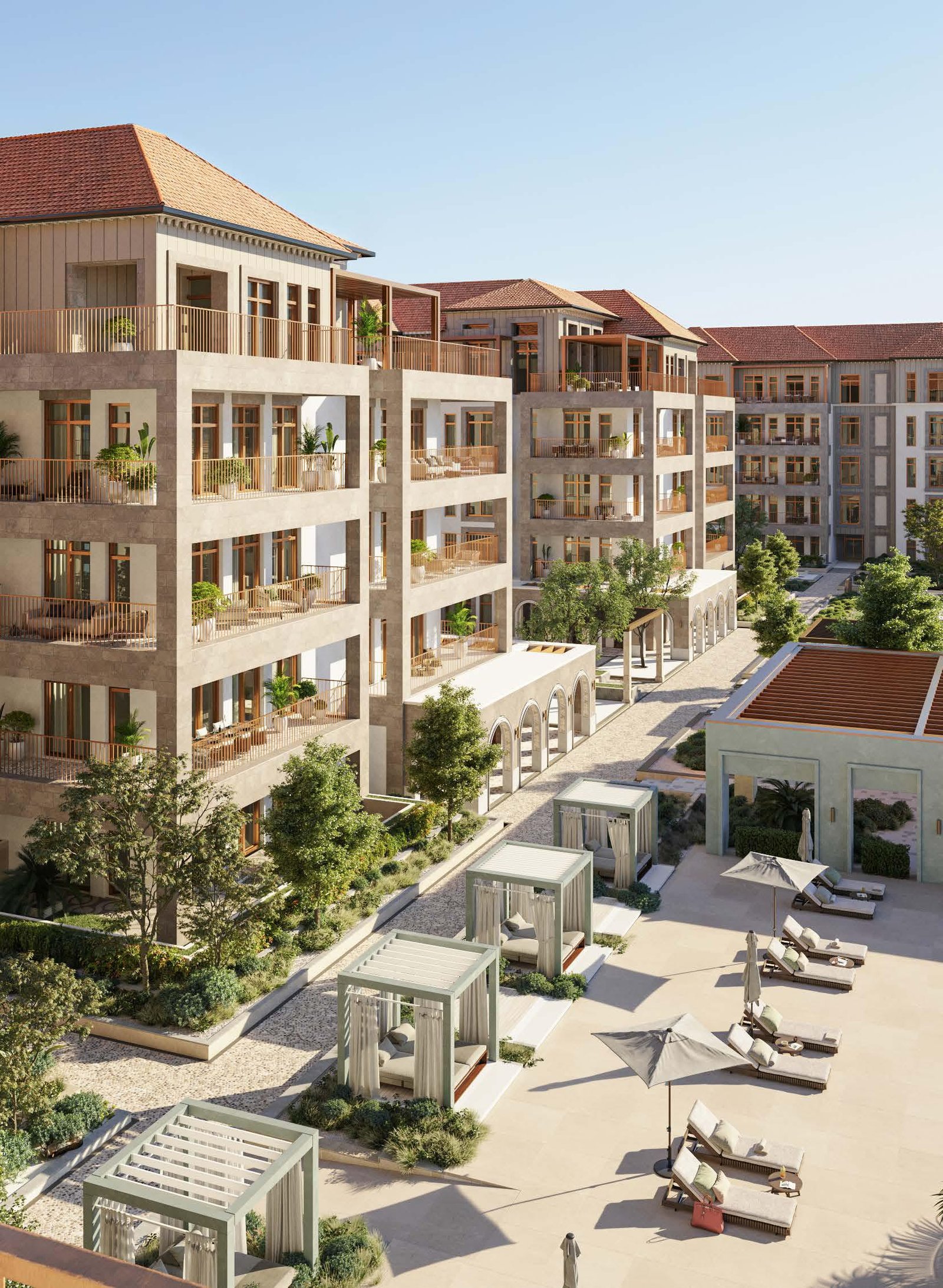 Park-facing terraces and landscaped gardens at Nawayef Park Views Hudayriyat Island Abu Dhabi luxury residential community