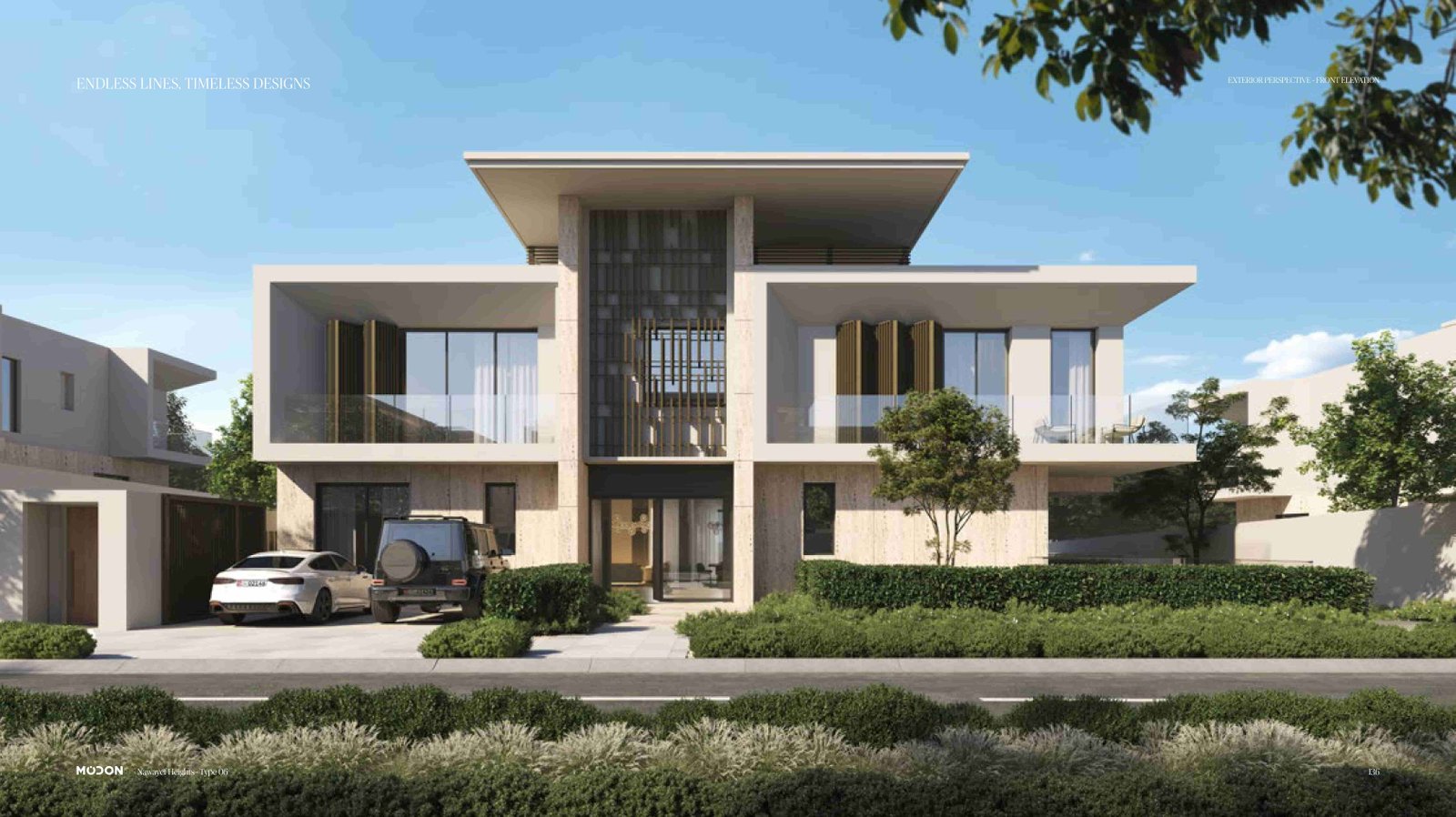 Landscaped courtyard at Nawayef East Hill Hudayriyat Island Abu Dhabi featuring hillside residences, green spaces, and premium community design