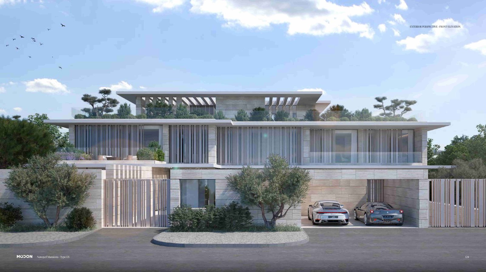 Modern villa exterior at Nawayef East Hill Hudayriyat Island Abu Dhabi with floor-to-ceiling windows and premium luxury design