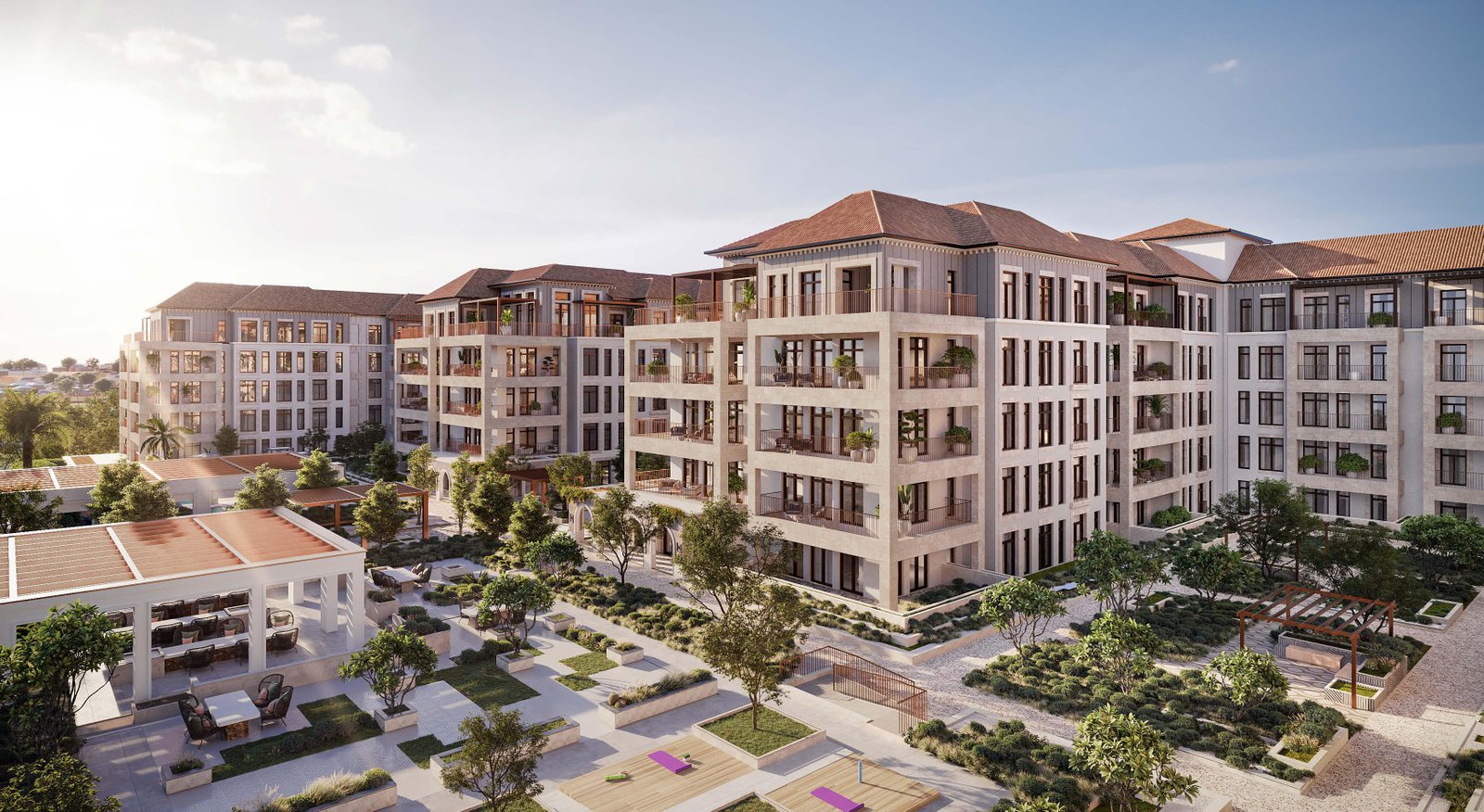 Luxury Portuguese-inspired facade at Nawayef Park Views by Modon Properties with park views and sea vistas Hudayriyat Island Abu Dhabi