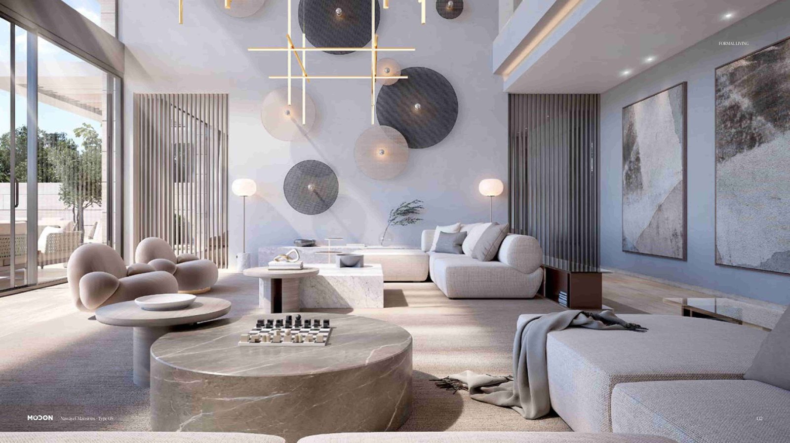 Cozy reading nook at Nawayef East Hill Hudayriyat Island Abu Dhabi villa with panoramic views, warm tones, and luxury interiors