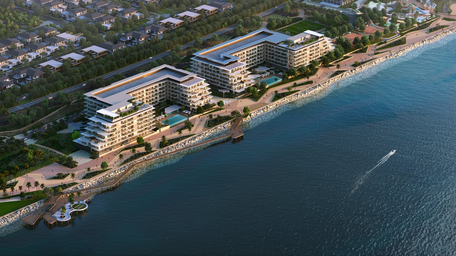 Rooftop infinity pool at Bashayer Residences overlooking the 3.5 km waterfront promenade, landscaped green spaces, and serene coastal surroundings.