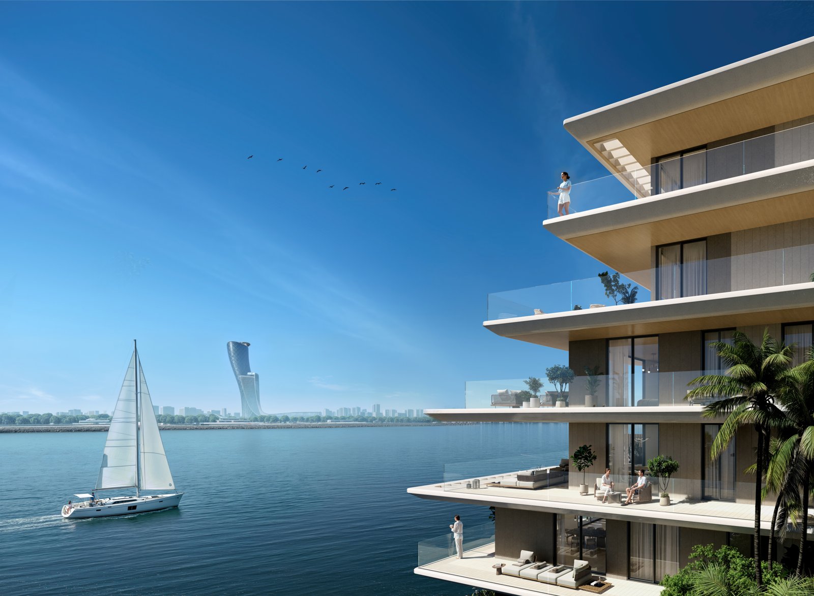 Panoramic skyline view from Bashayer Residences rooftop infinity pool showcasing luxury coastal living and waterfront real estate lifestyle