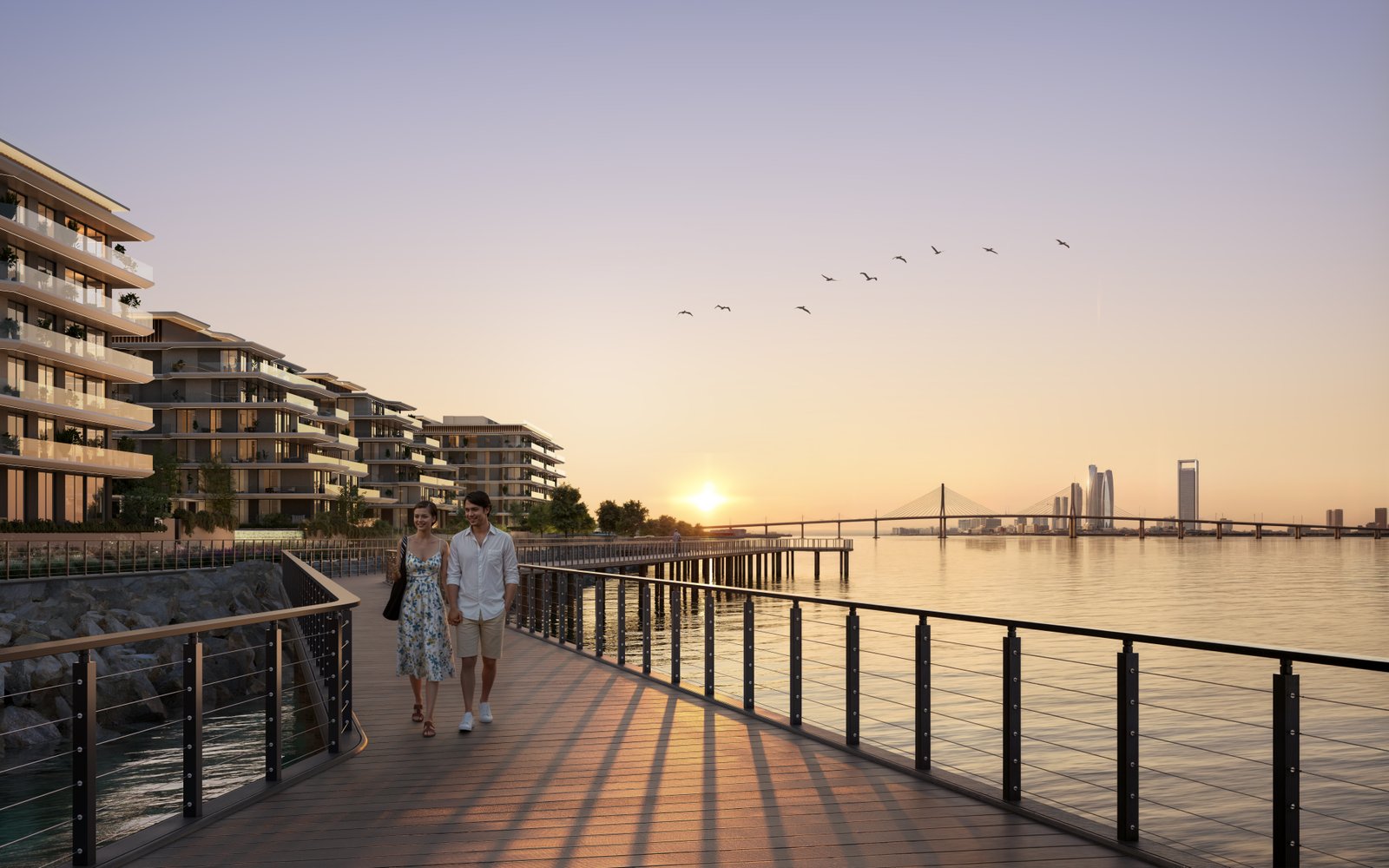 Scenic waterfront promenade at Bashayer Residences with landscaped parks, boardwalks, leisure amenities, and vibrant community spaces on Hudayriyat Island,