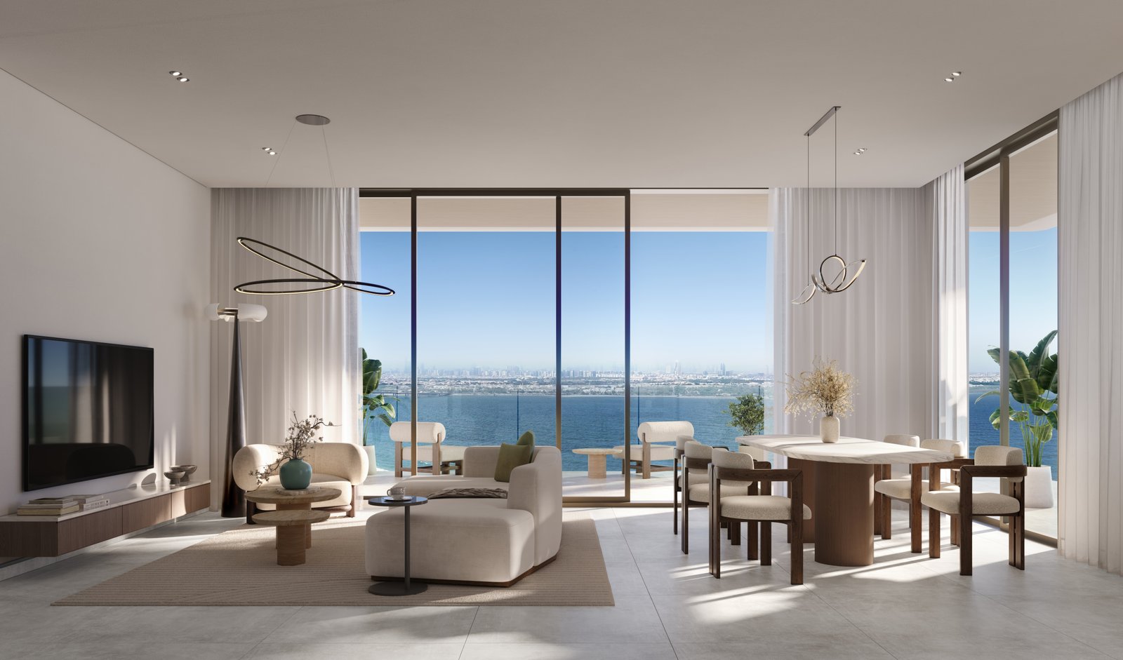 Elegant 3-bedroom apartment interior at Bashayer Residences featuring modern finishes, smart-home integration, spacious layouts, and refined contemporary